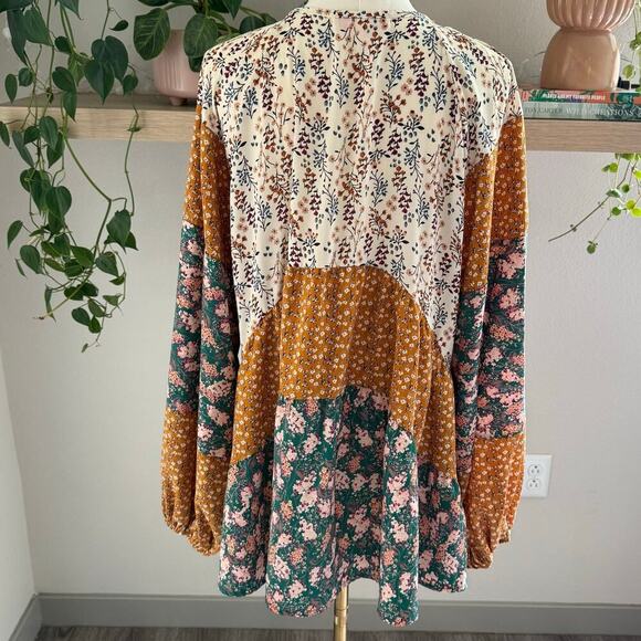 Patchwork Long Sleeve V Neck Blouse L Boho Lagenlook Cottagecore Fall Lagenlook - Picture 2 of 9